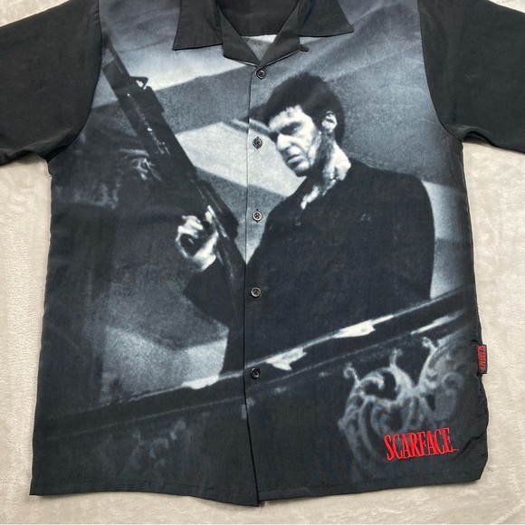 Vintage Dragonfly Scarface Tony Montana Button Up Shirt Gun Double Sided Sz L - Picture 2 of 9